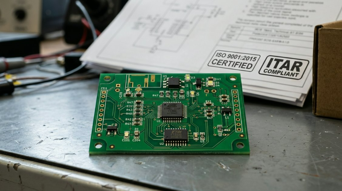 Close-up of a high-quality circuit board with various certifications like ISO and ITAR stamps visible on the packaging or documentation nearby.